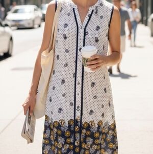 Sleeveless Pineapple Shift Dress - Navy & White Polka Dot Summer Beach Dress